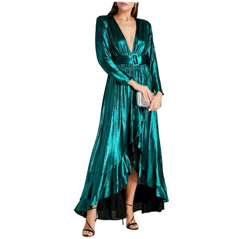 RETROFETE Wayne Dress Womens XS Emerald Metallic Wrap V Neck Ruffle Maxi